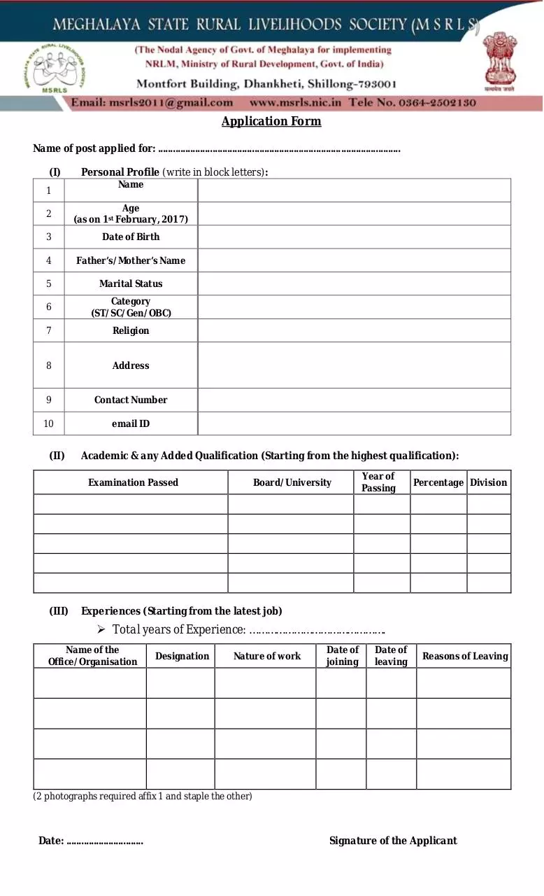 Page 1 of 1, Application form for MSRLS Recruitment