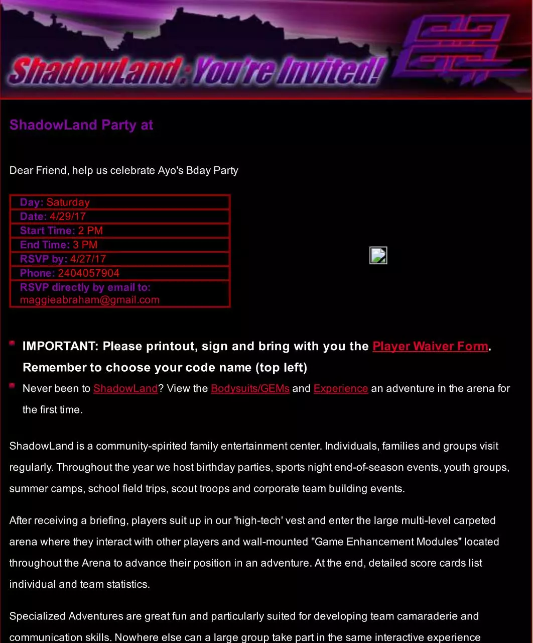 Page 1 of 1, Shadow Land Invite