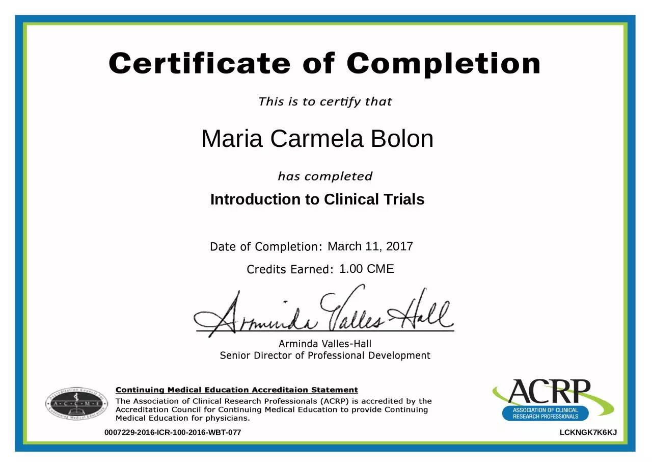 Page 1 of 1, Clinical Trial Completion Certificate