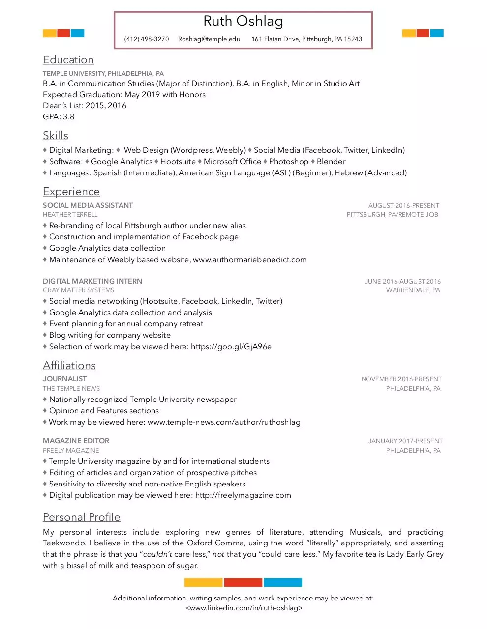 Document preview - Resume #3 - Ruth Oshlag, Temple University.pdf - Page 1/1