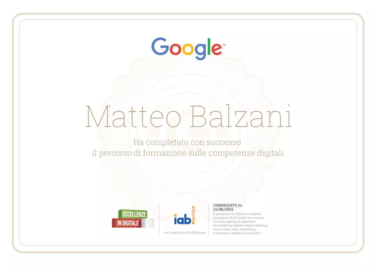 Page 1 of 1, Eccellenze in digitale Certificato