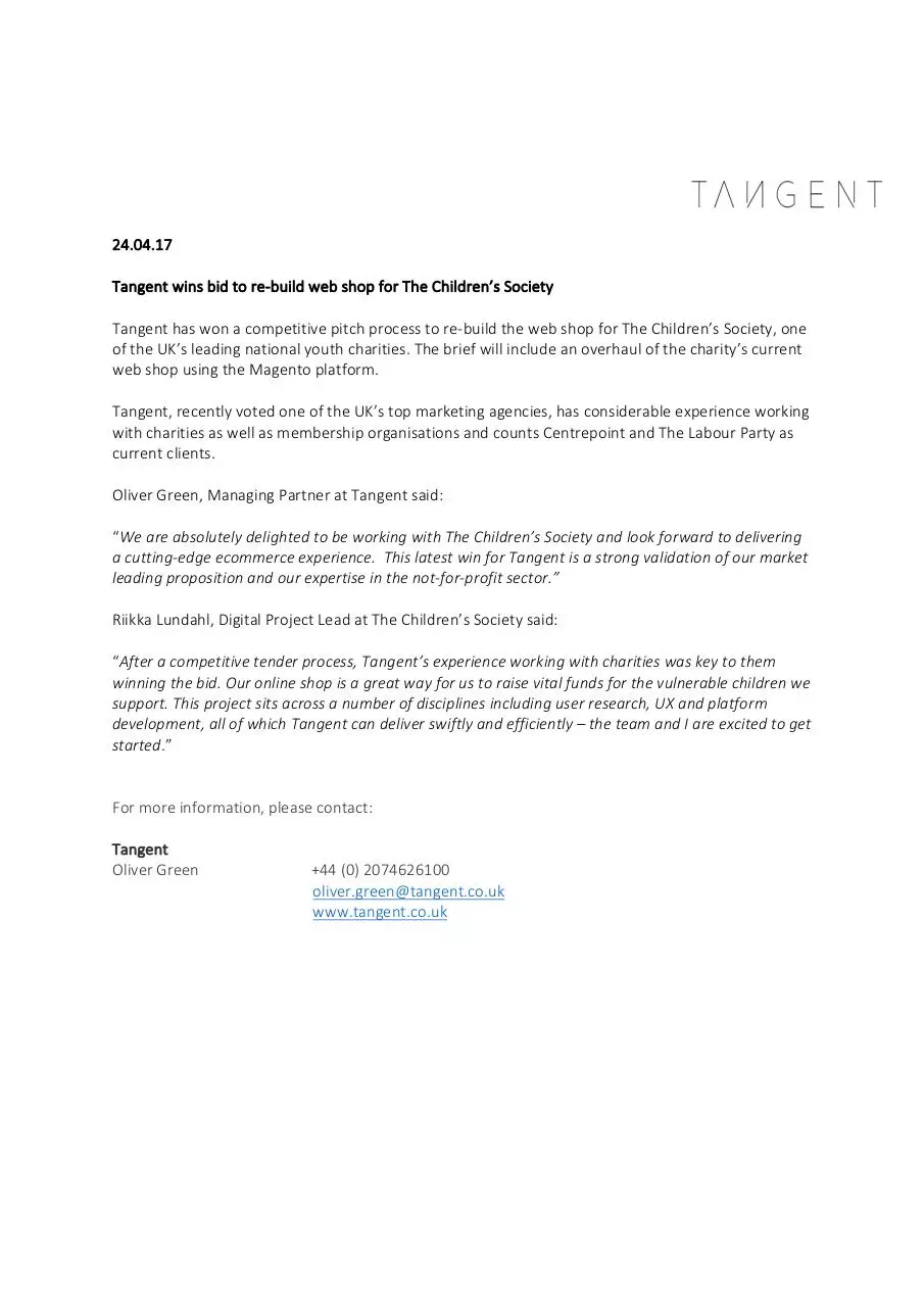 Page 1 of 1, TCS Press Release Childrens Society