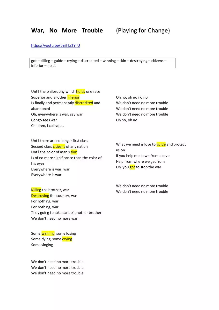 Page 1 of 1, War, No More Trouble TEACHER