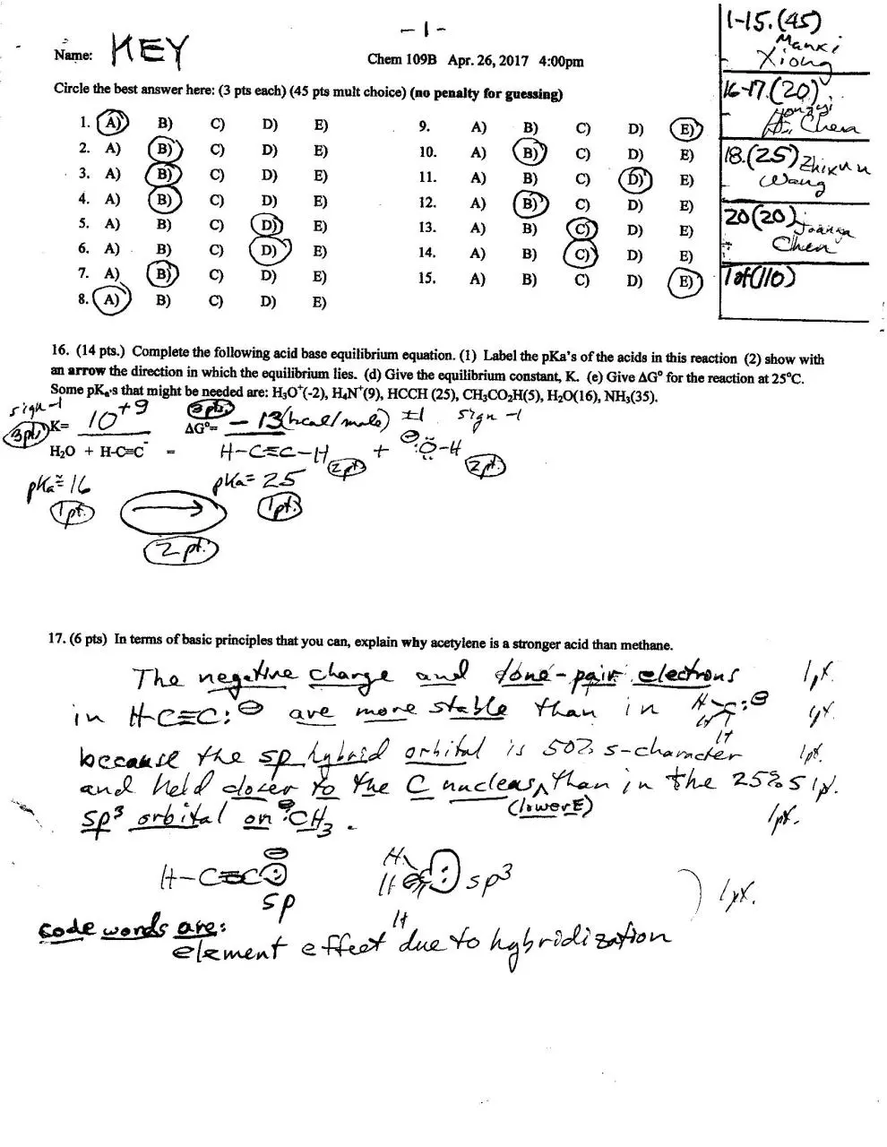 Page 1 of 3, Chem109BMT1S17anskey