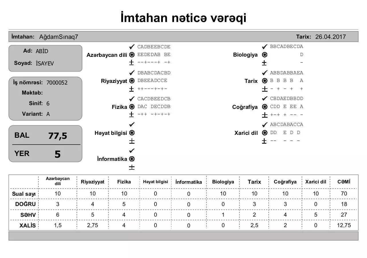 Page 5 of 13, İmtahan nəticə vərəqi (6 cı sinif)