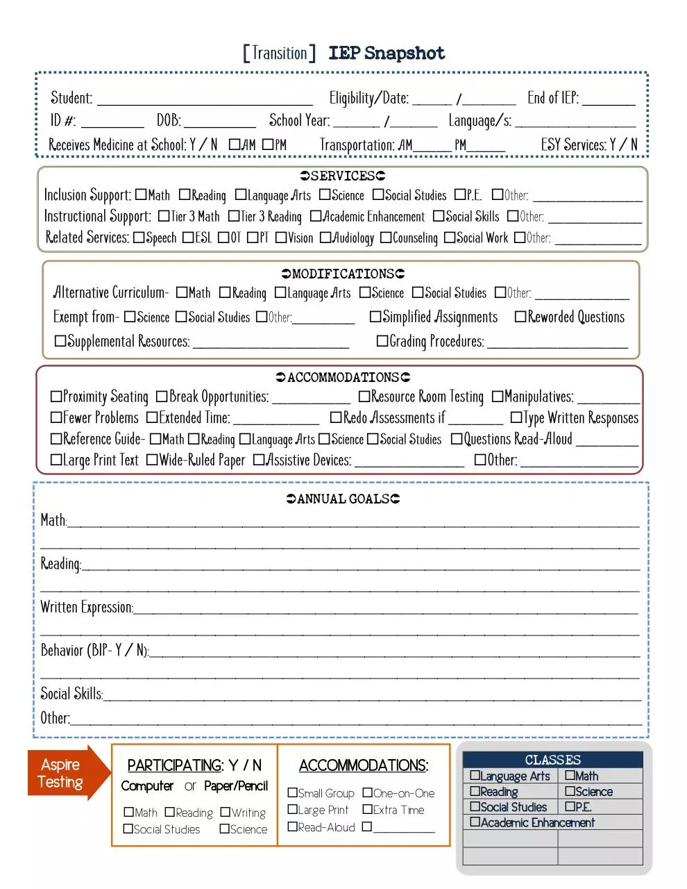 Page 1 of 1, IEP Snapshot transition w aspire and schedule