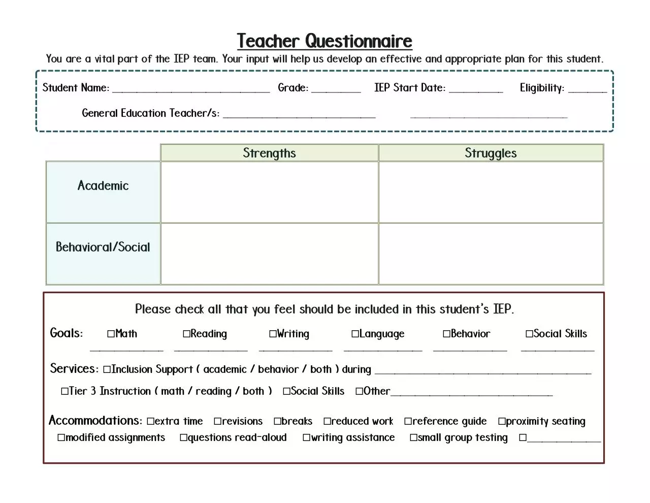 Page 1 of 1, IEP Teacher Questionaire