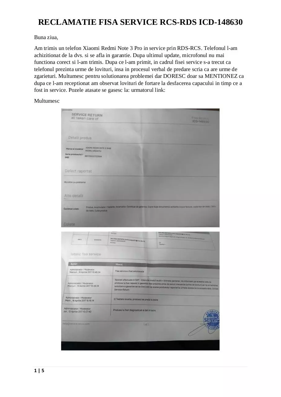 Page 1 of 4, Reclamatie RCS RDS service