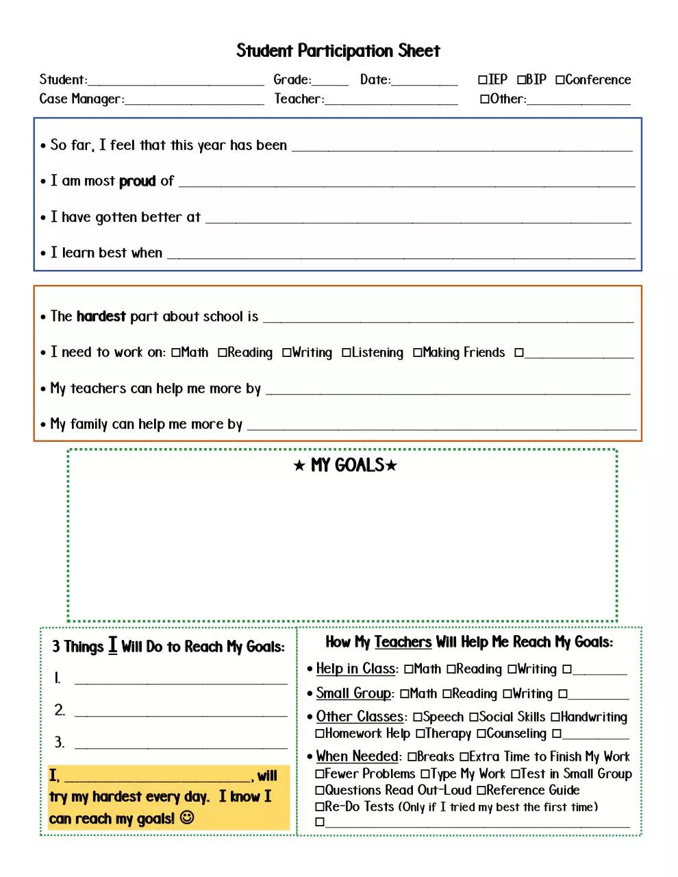 Page 1 of 1, Student Participation Sheet
