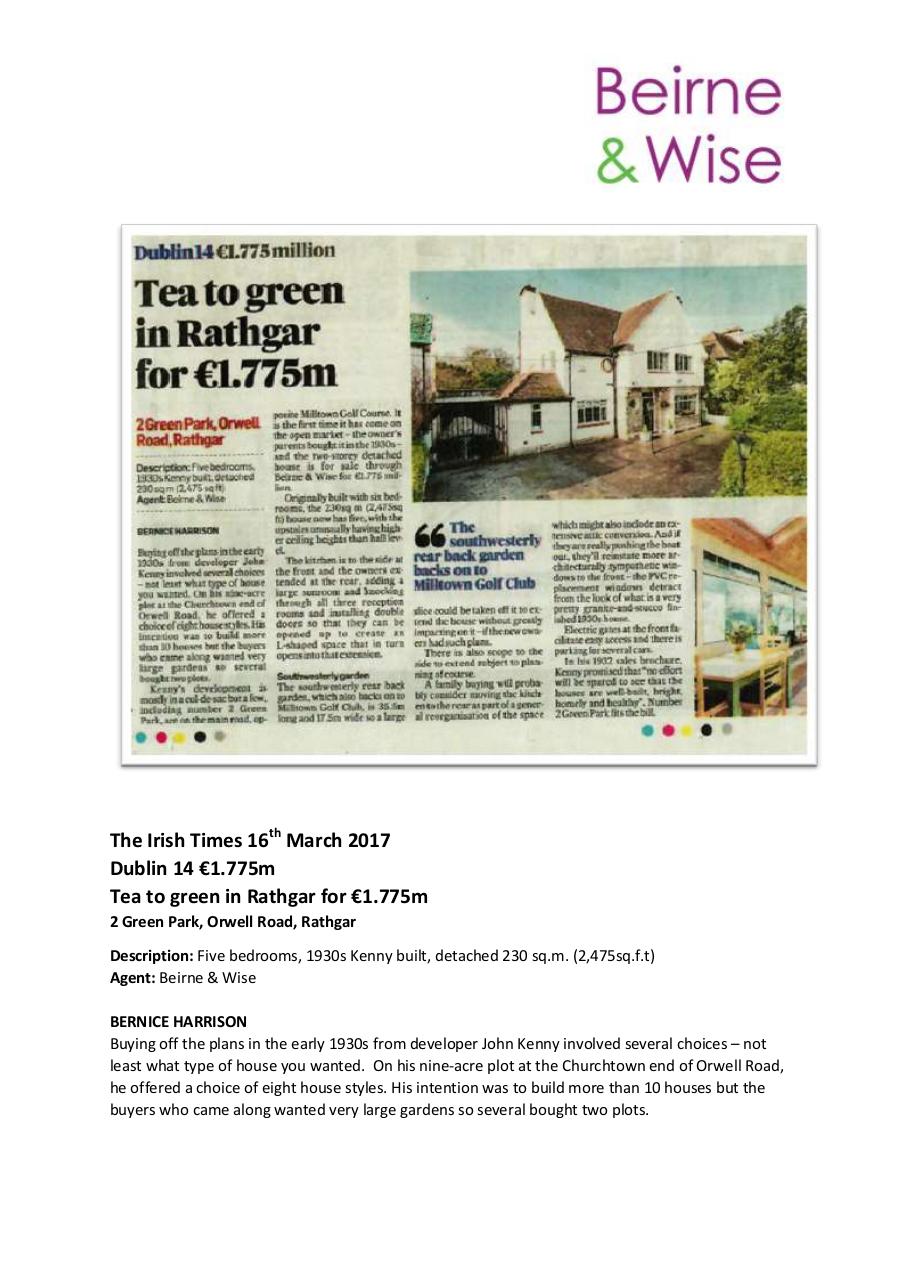 Document preview 2 Green Park - The Irish Times 16th March 2017.pdf - page 1/2