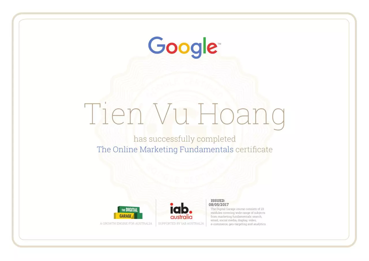 Page 1 of 1, The Digital Garage Australia Certification