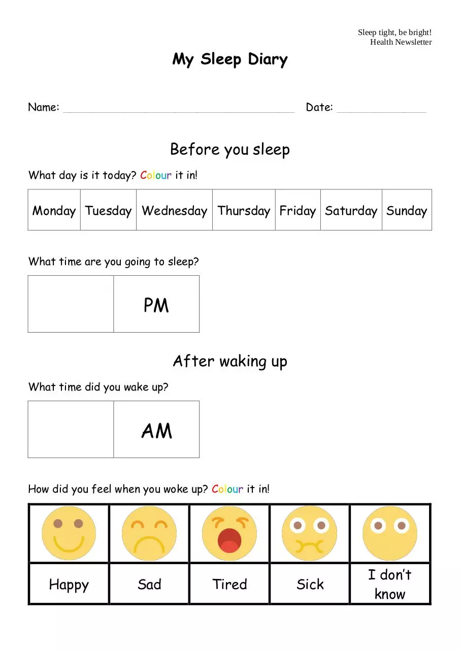 Page 1 of 1, Sleep Tight Be Bright My Sleep Diary