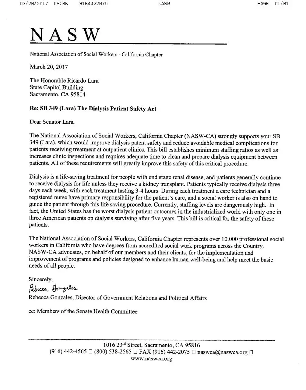 Page 1 of 1, SB 349 SUPPORT NASW