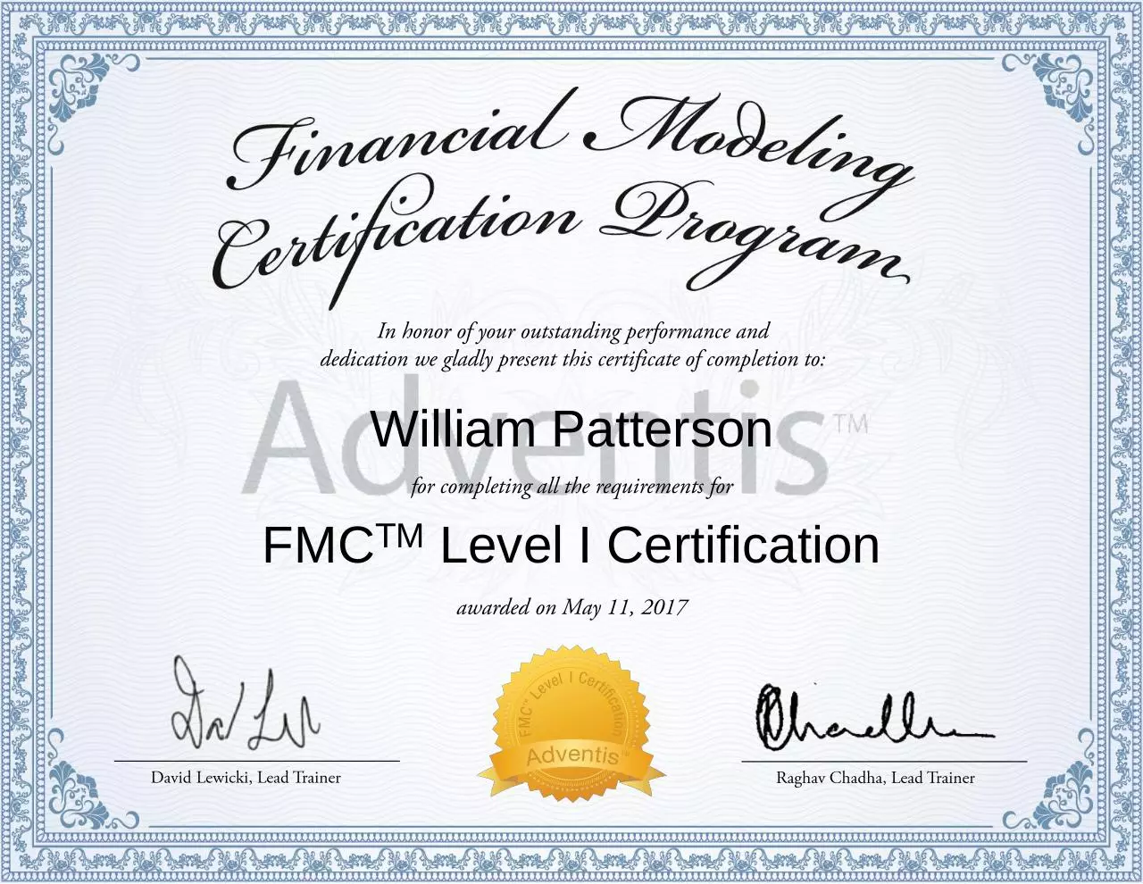 Page 1 of 1, William Patterson FMC Level I Certification 170511