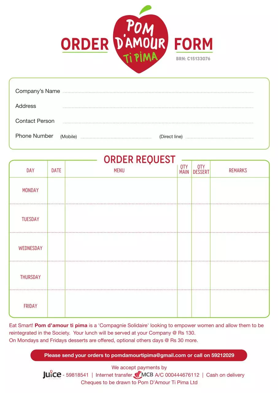 Page 1 of 1, Pom Damour TiPima Order Form