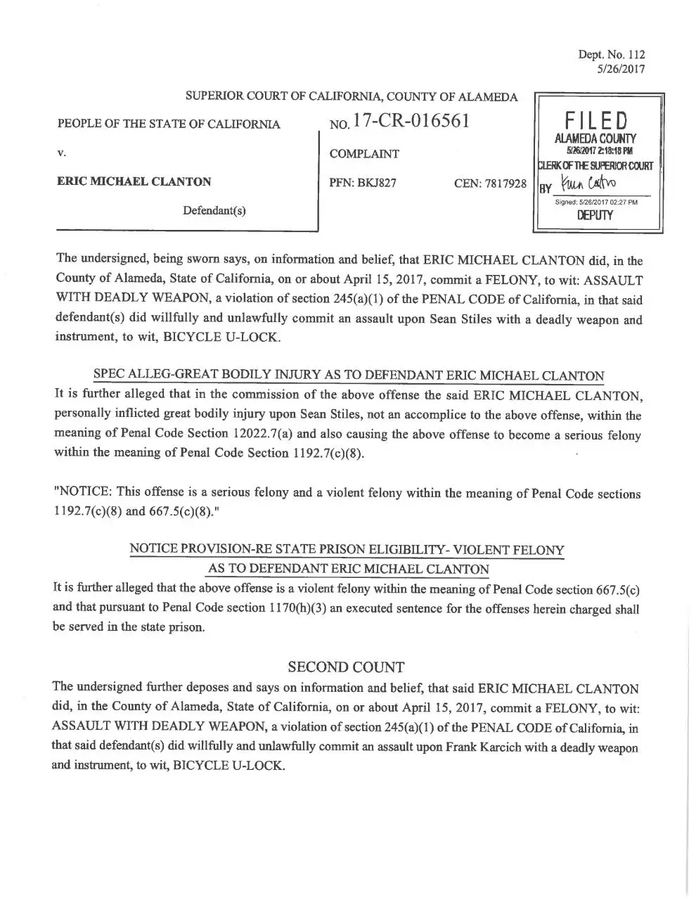 Page 1 of 5, ClantonComplaint and PC Dec