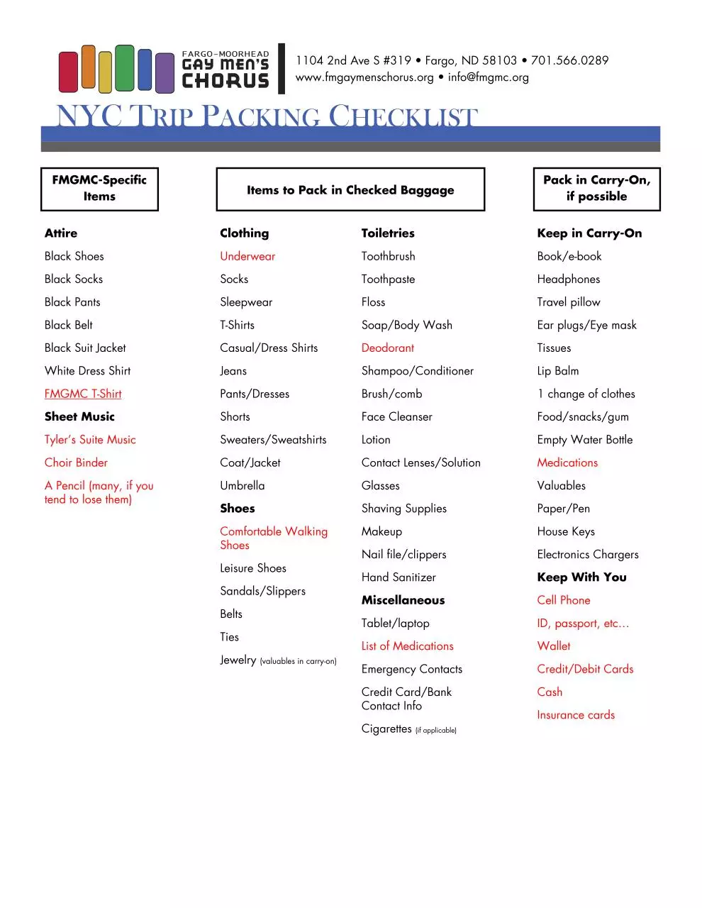 Page 1 of 1, NYC Trip Packing Checklist PDF