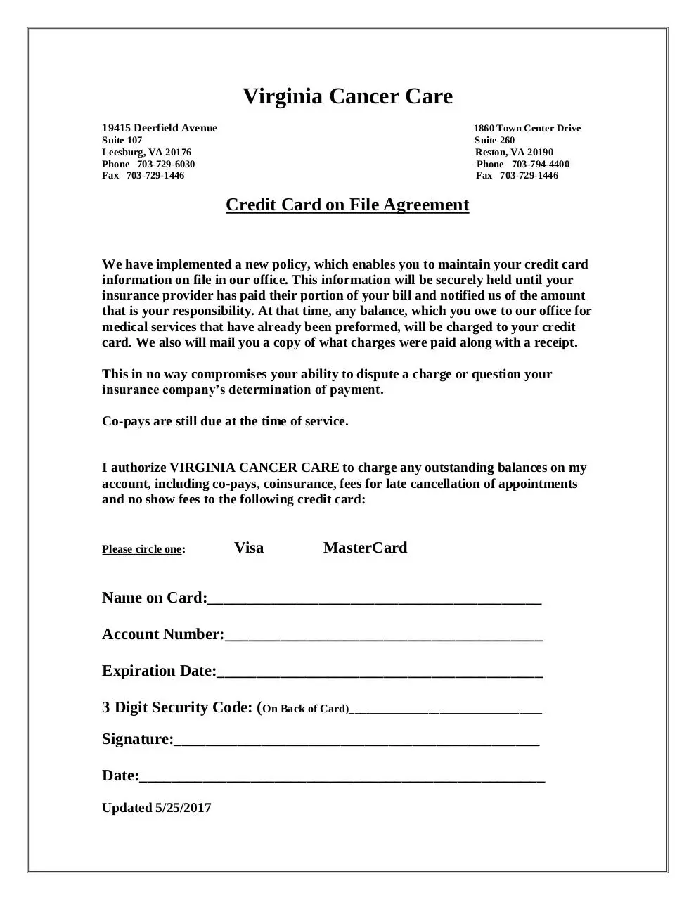 Page 1 of 1, Credit Card on File Agreement