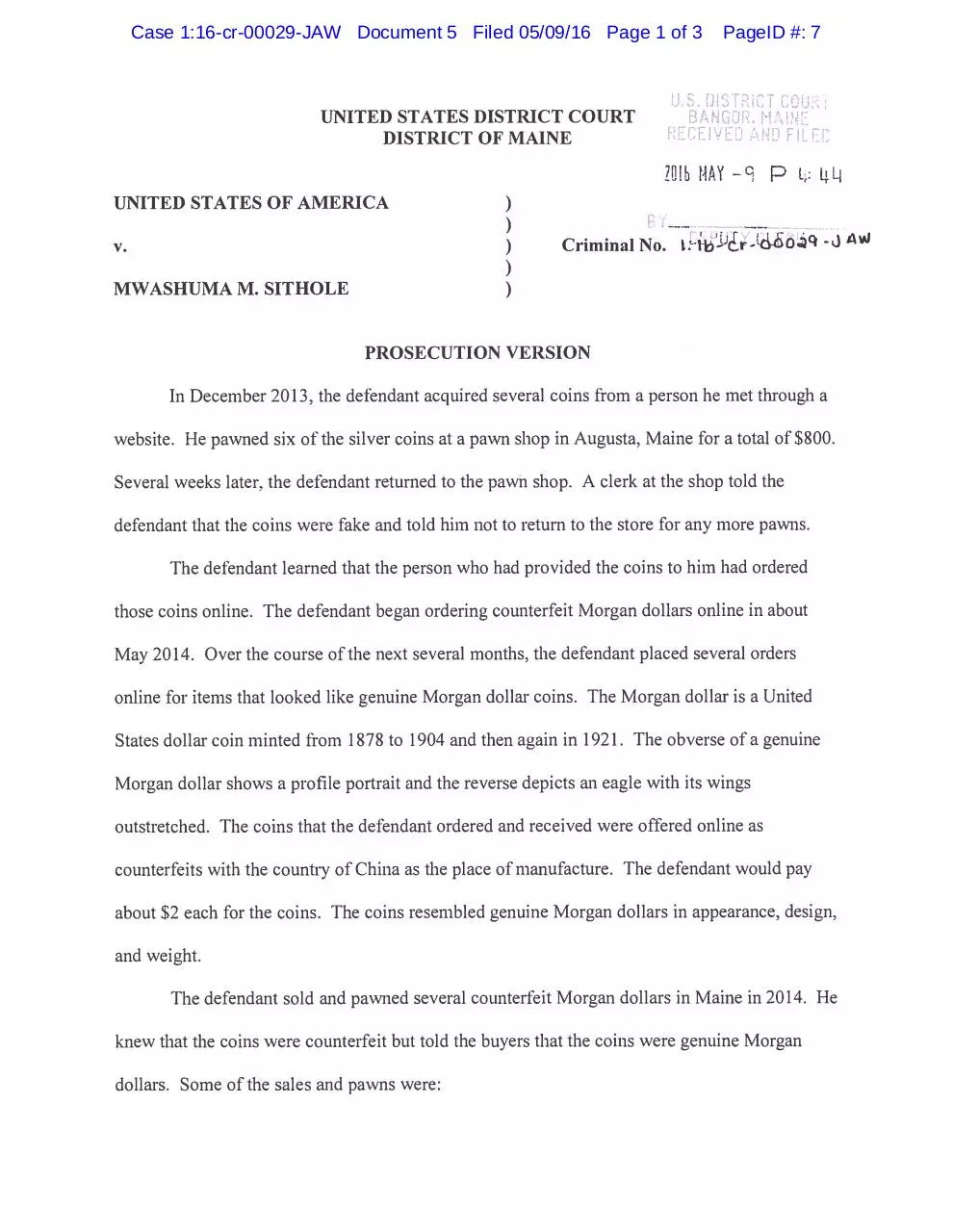 Page 1 of 3, Prosecution Statement of Facts