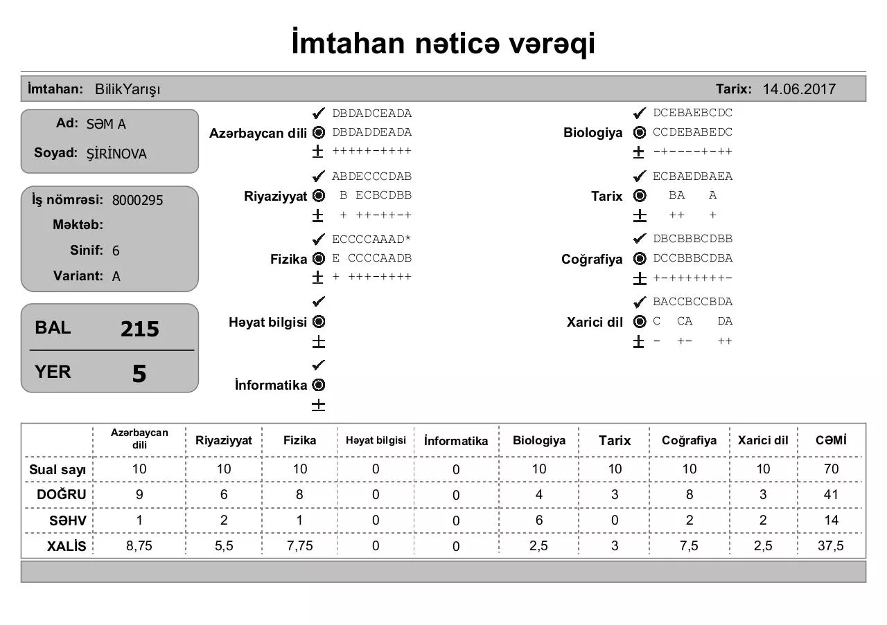 Page 5 of 44, İmtahan nəticə vərəqi (6 cı sinif)