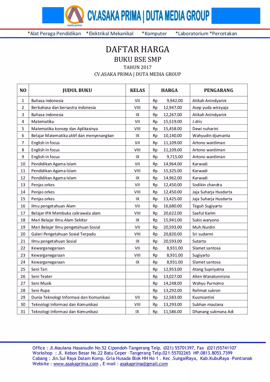 Page 1 of 1, Harga BUKU BSE SMP 2017 asaka prima