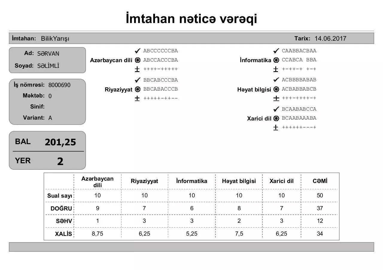 Page 2 of 87, Ä°mtahan nÉ™ticÉ™ vÉ™rÉ™qi (3 cü siniflÉ™r)