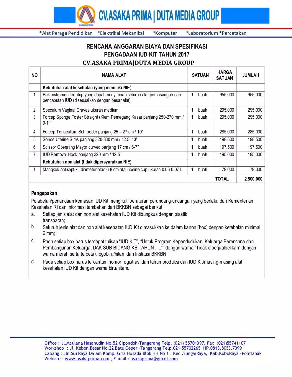 Page 1 of 1, Produksi IUD KIT BKKbN 2017 ~ CV.ASAKA PRIMA