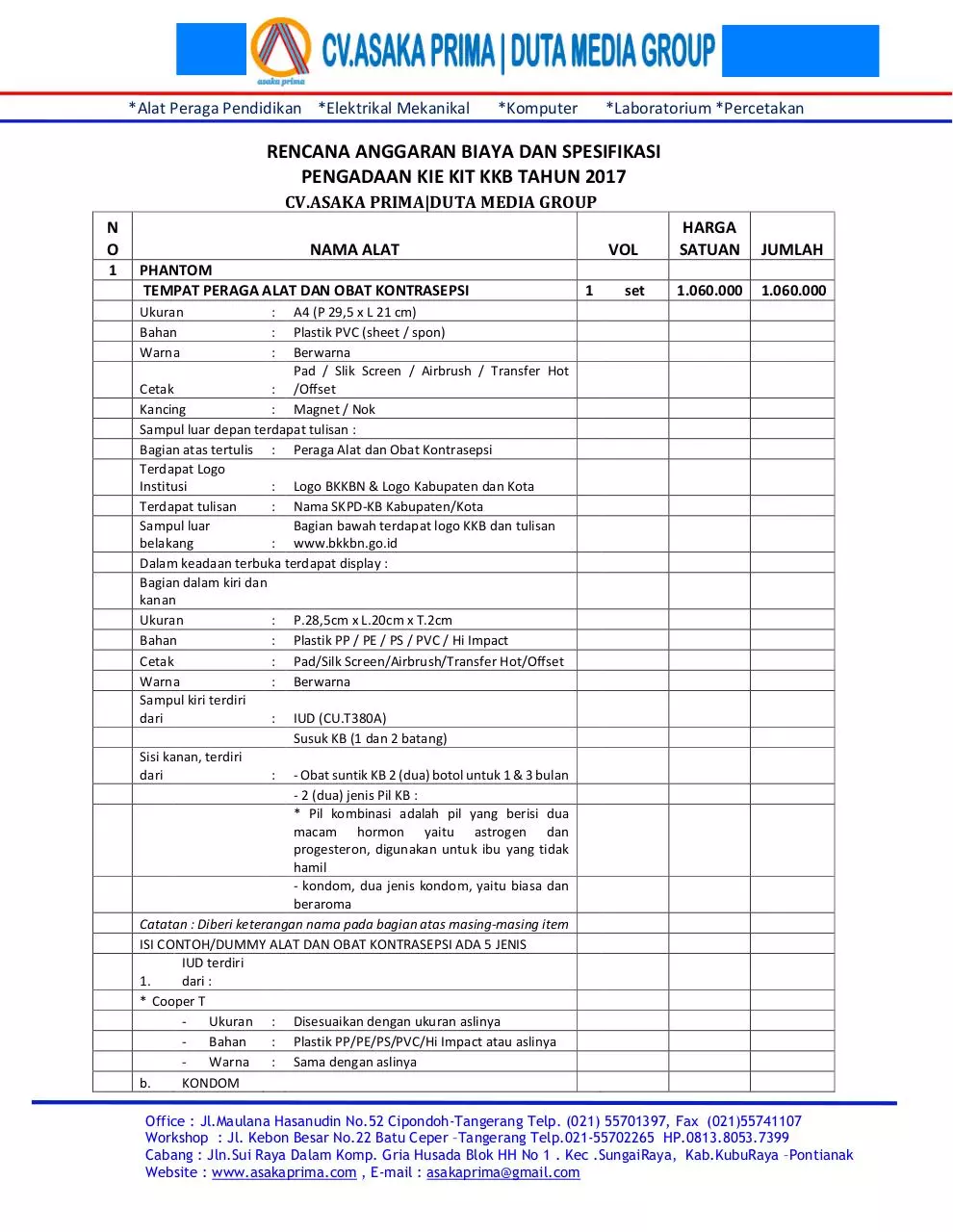 Page 1 of 9, Produksi KIE KIT KKb BKKbN 2017 ~ CV.ASAKA PRIMA