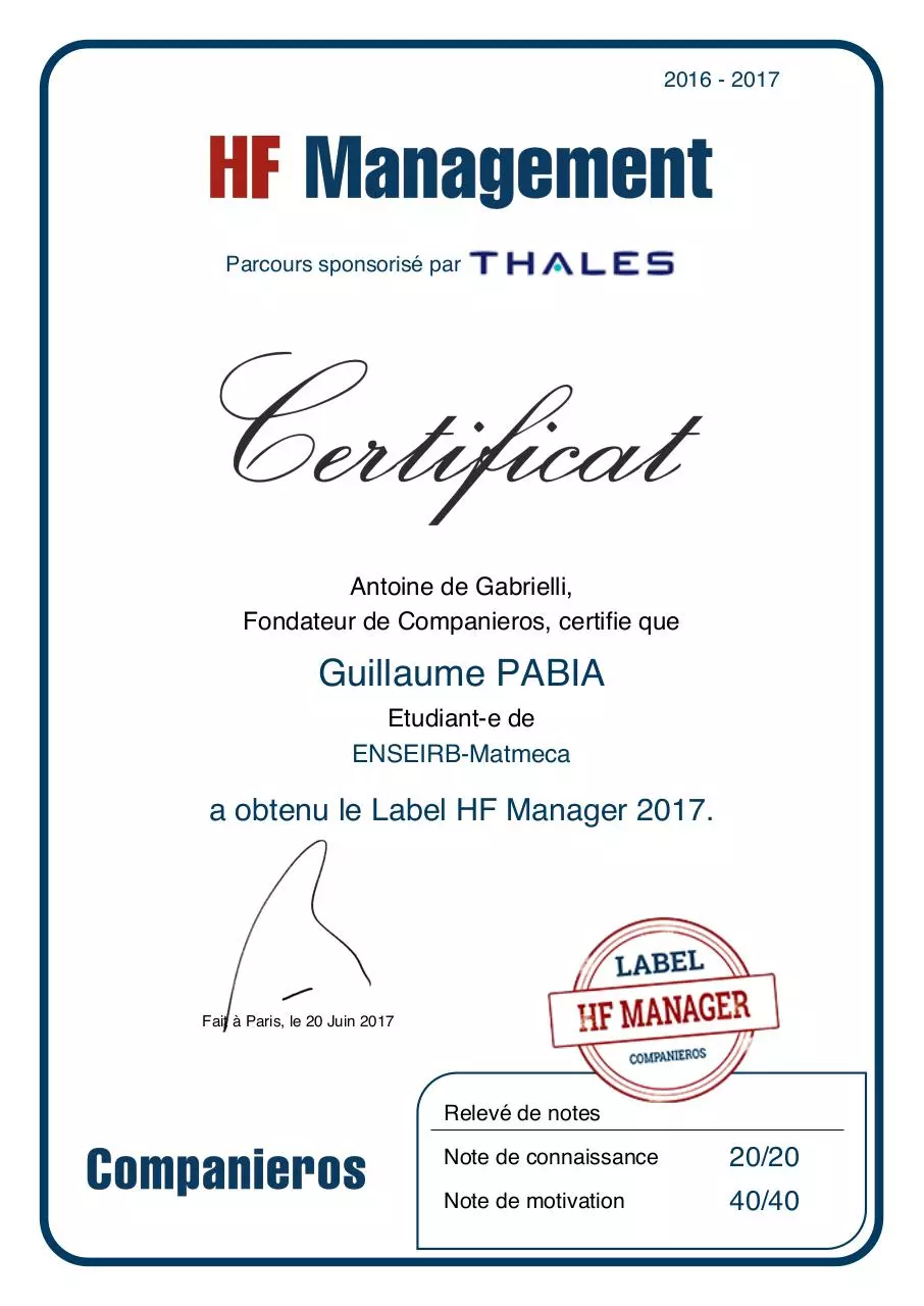 Page 1 of 1, Votre diplôme HF Manager