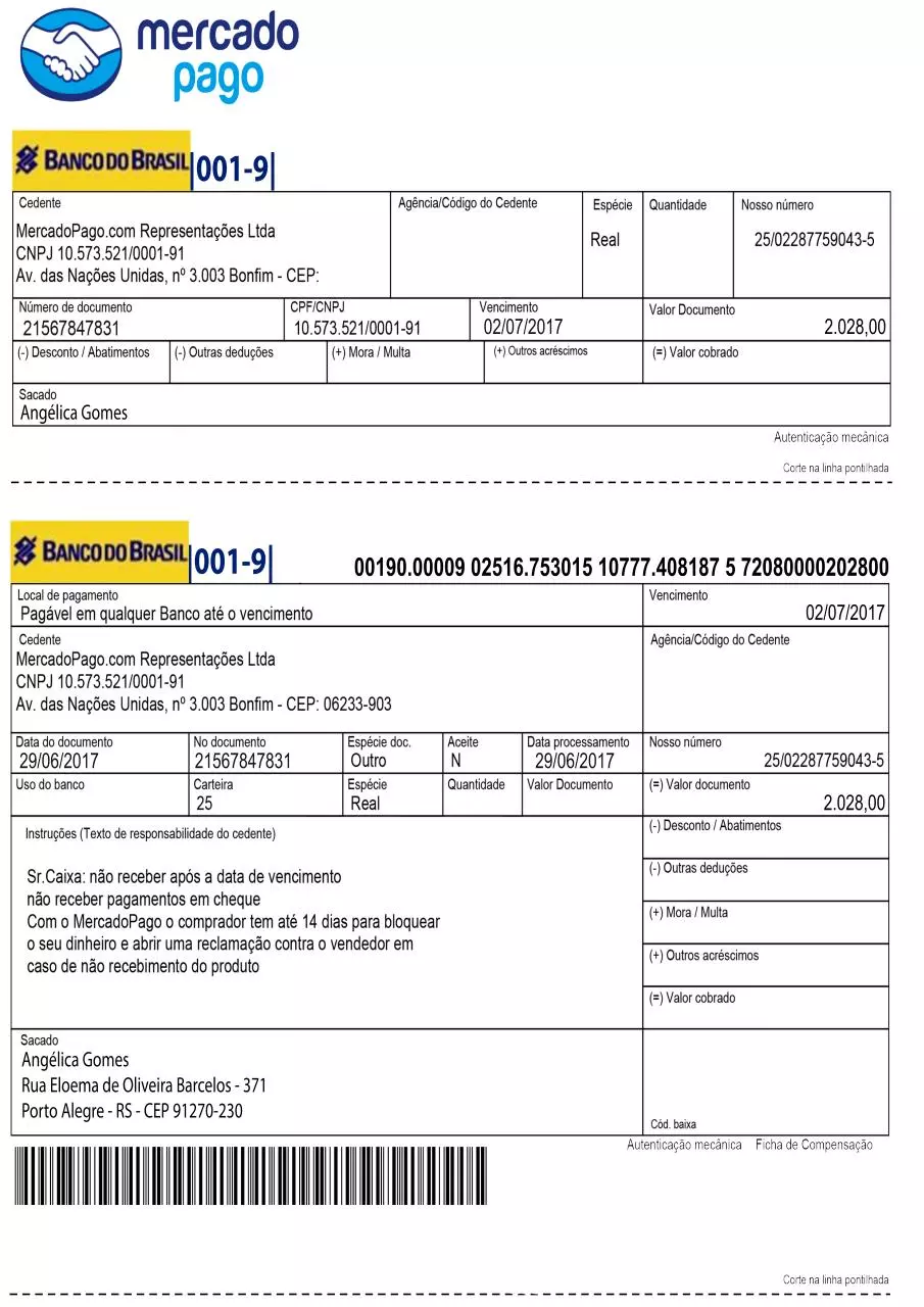 Page 1 of 1, boleto21567847831