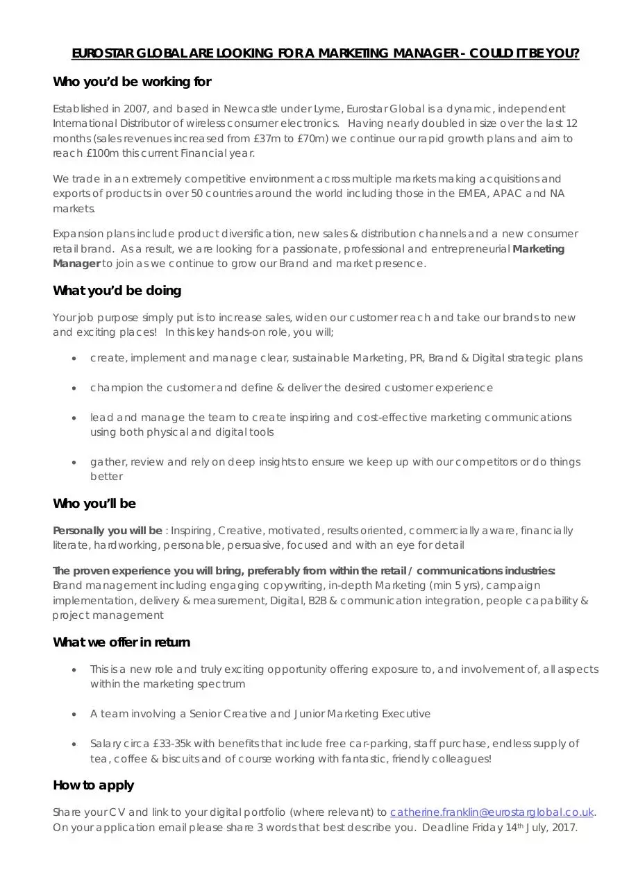 Page 1 of 1, Marketing Manager online advert