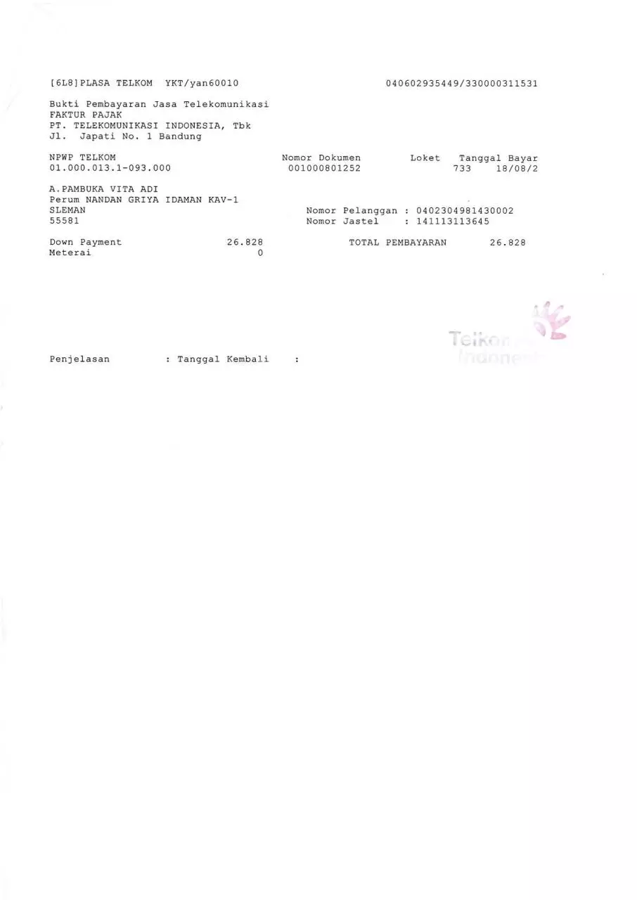 Page 1 of 1, bukti pelanggan
