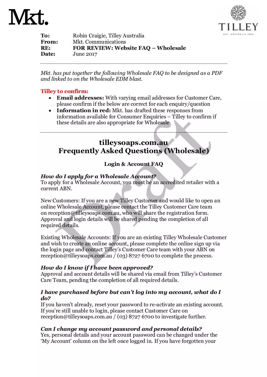 Page 1 of 3, Tilley Website FAQ Wholesale 210617