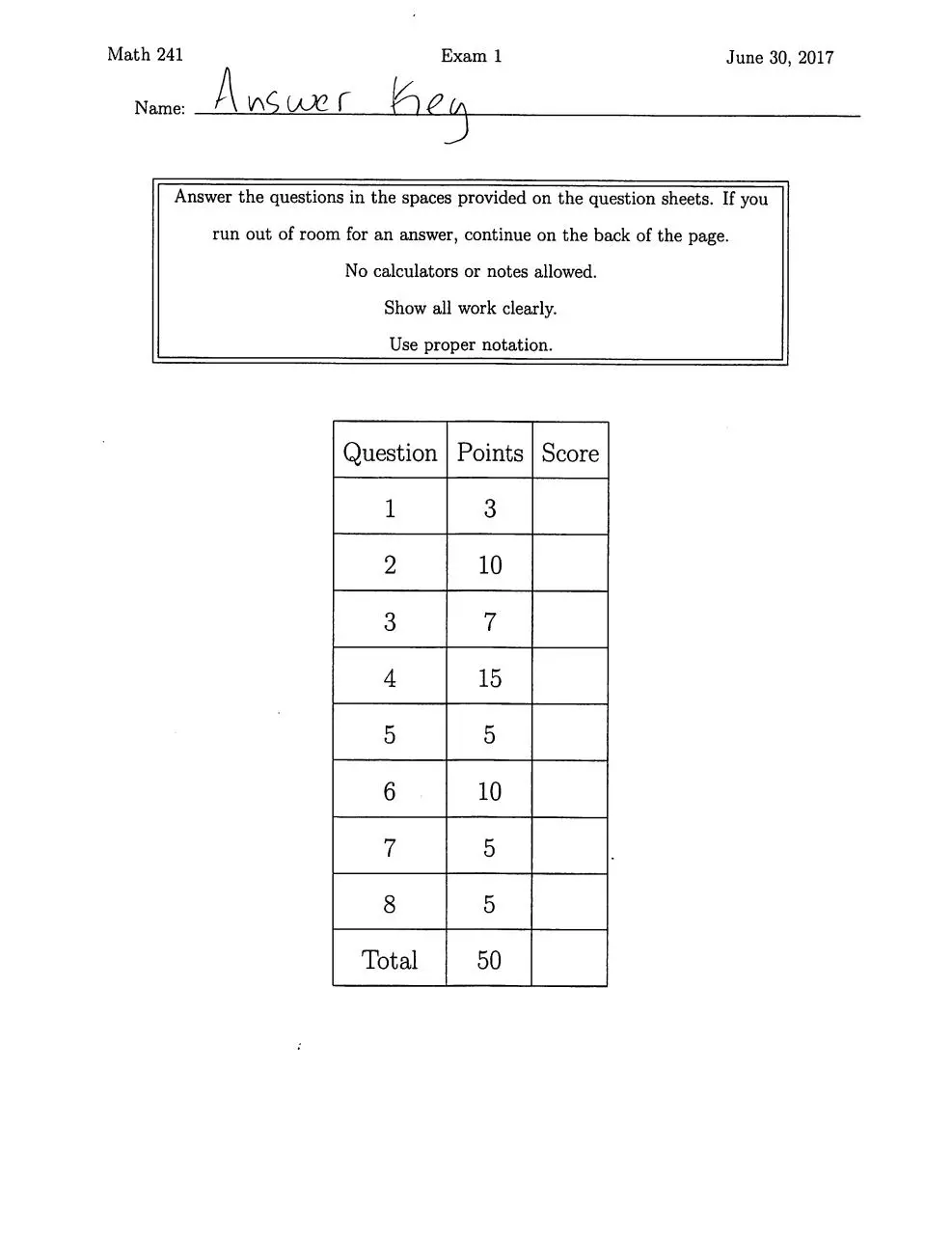 Page 1 of 7, Exam I Answer Key