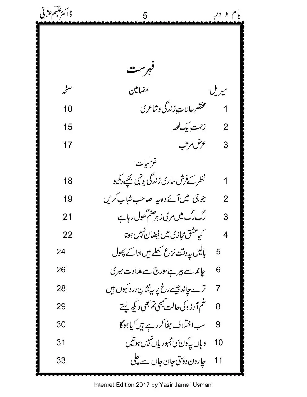 Page 5 of 157, Bam o Dar A collection of Ghazal Dr. Aleem Usmani