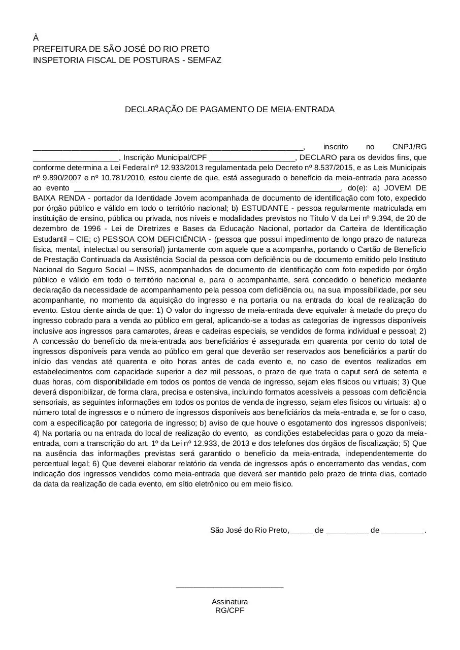 Document preview - Modelo Declaracao Cobranca Meia Entrada Stand .pdf - Page 1/1