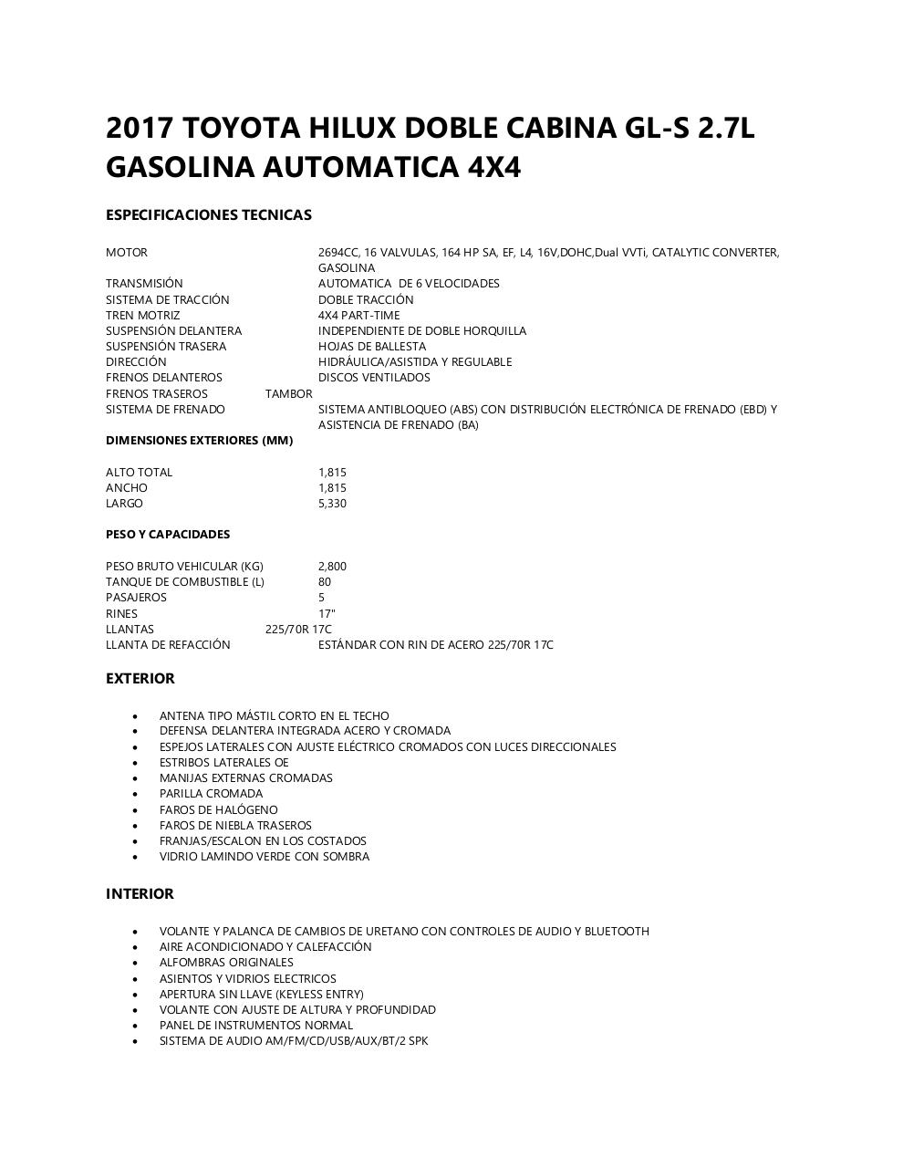 Document preview 2017 TOYOTA HILUX DC GL-S 2.7L GASOLINA TA 4X4 - SPECS.pdf - page 1/2