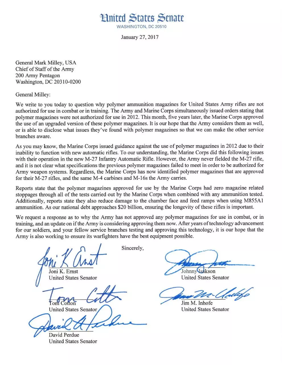 Page 1 of 1, January 27th Letter From Senators