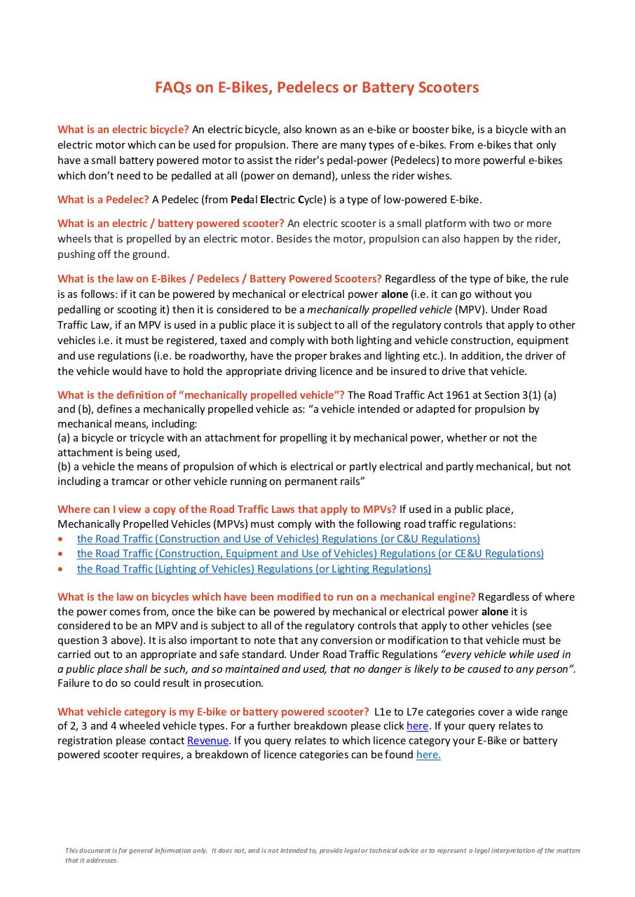 Document preview FAQs on E Bikes and Pedelecs and battery Scooters.pdf - page 1/2