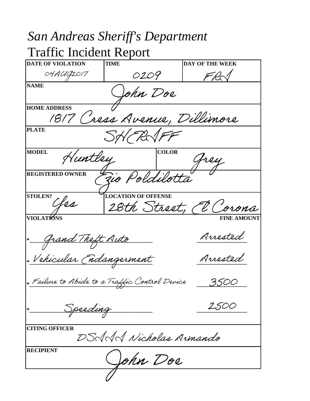 Page 1 of 1, EXAMPLETRAFFICINCIDENT