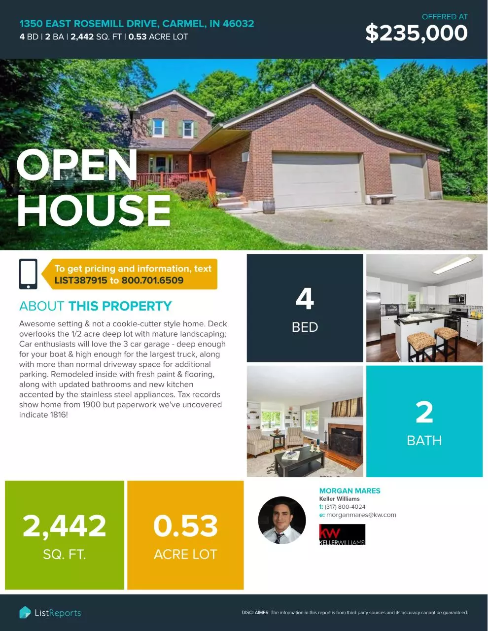 Page 1 of 2, Open House Flyer for 1350 East Rosemill Drive
