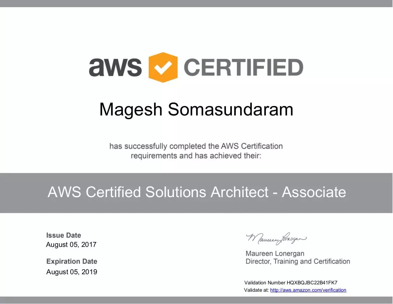 Page 1 of 1, AWS Certified Solutions Architect Associate certificate