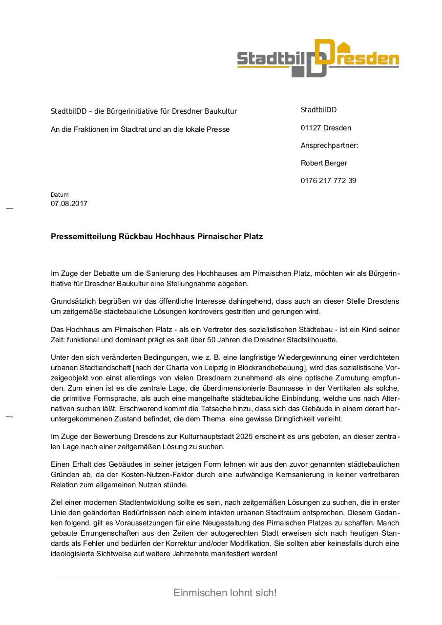 Document preview Pressemitteilung RÃ¼ckbau Hochhaus Pirnaischer Platz.pdf - page 1/2