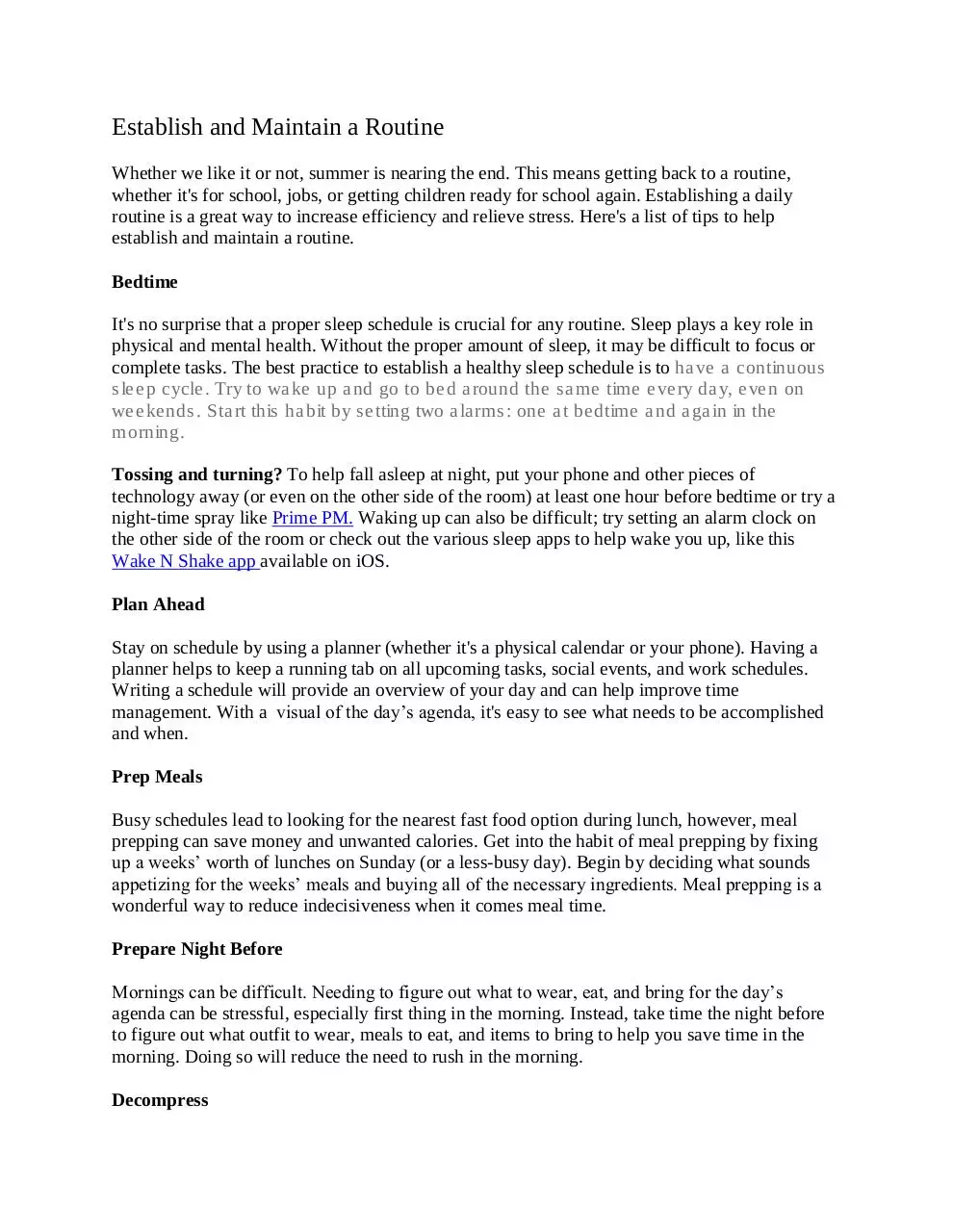 Page 1 of 2, Establish and Maintain a Routine
