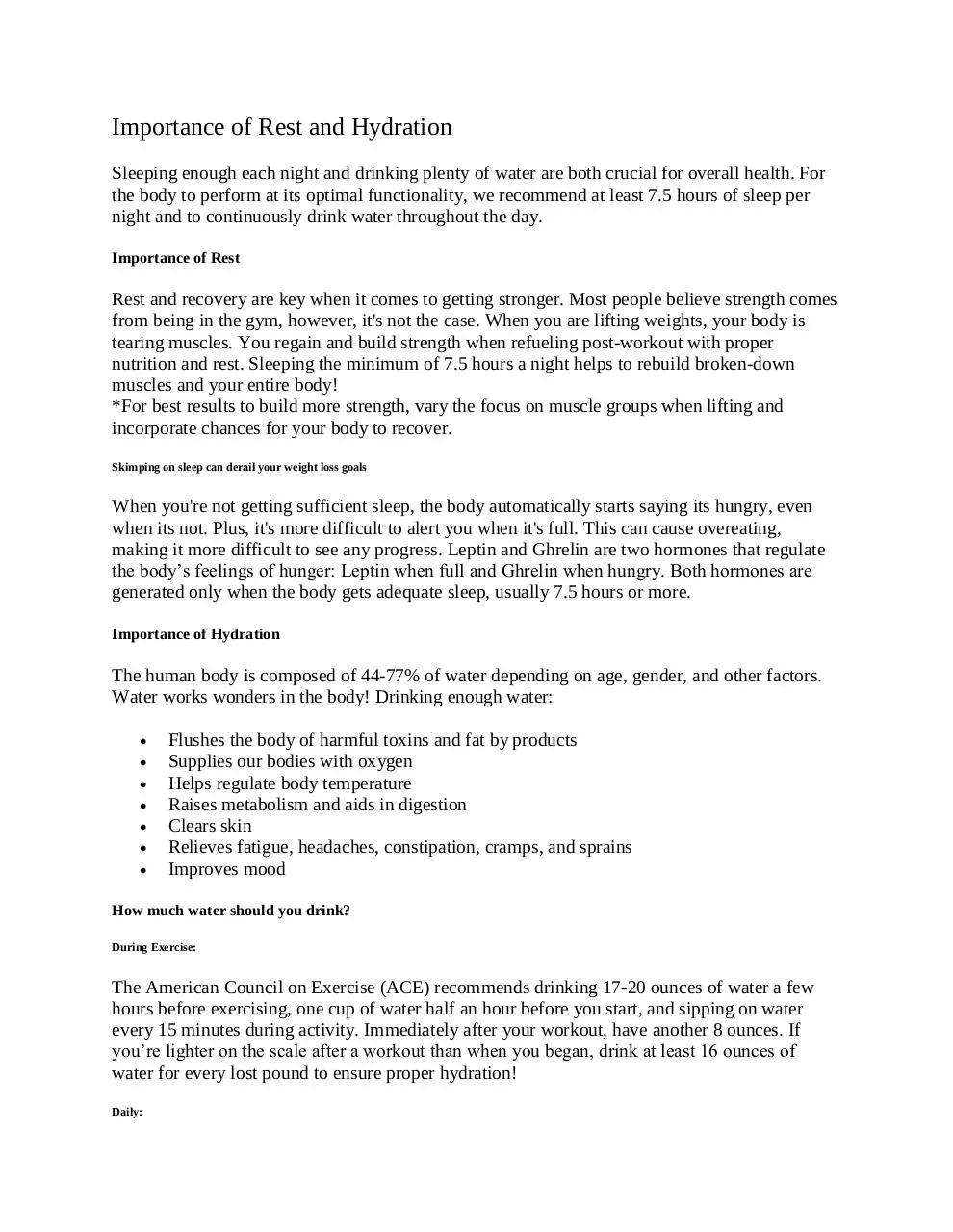 Page 1 of 2, Importance of Rest and Hydration