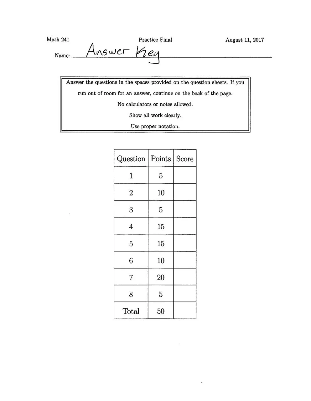 Page 1 of 10, Practice final answer key
