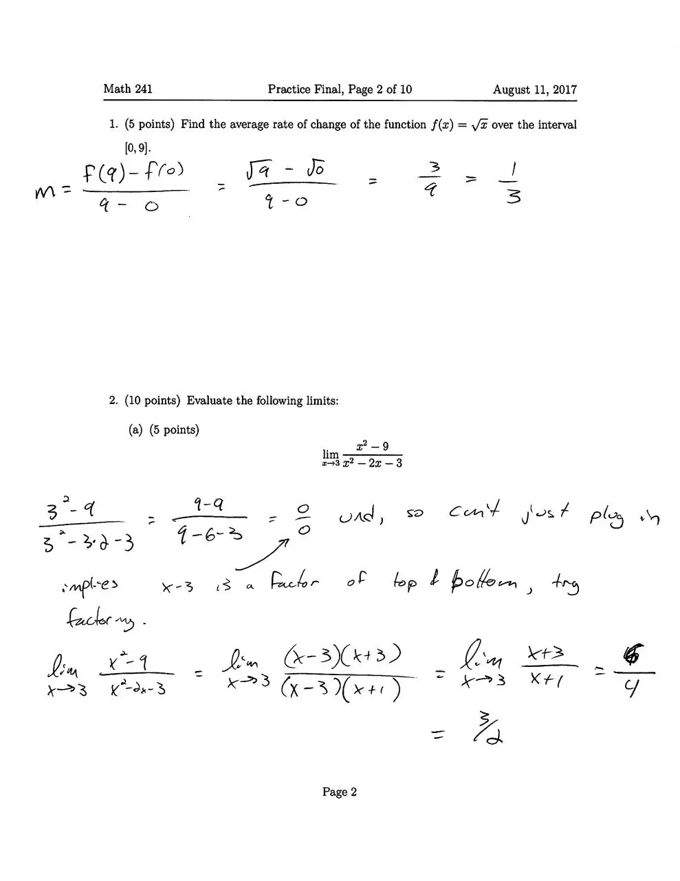 Page 2 of 10, Practice final answer key