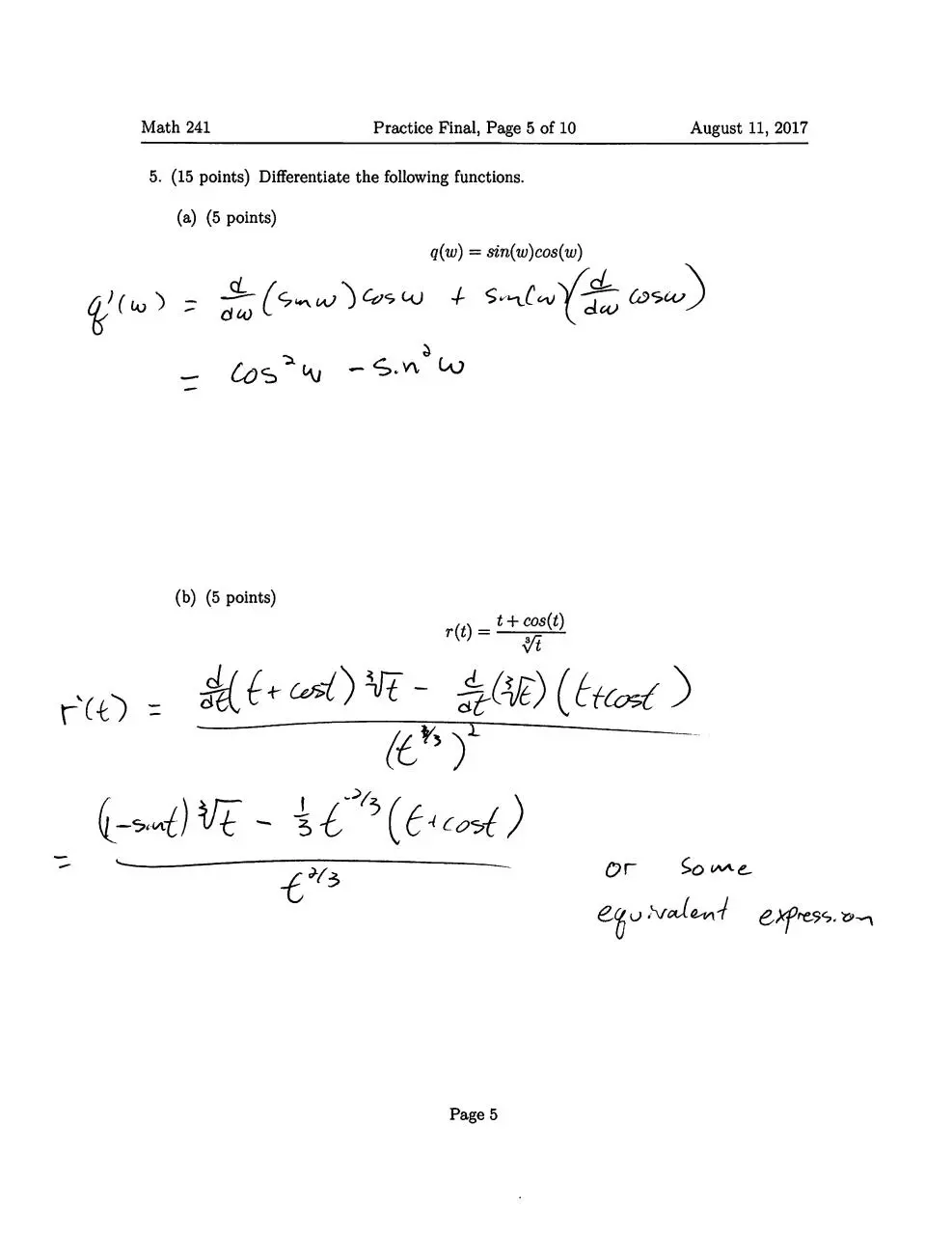 Page 5 of 10, Practice final answer key