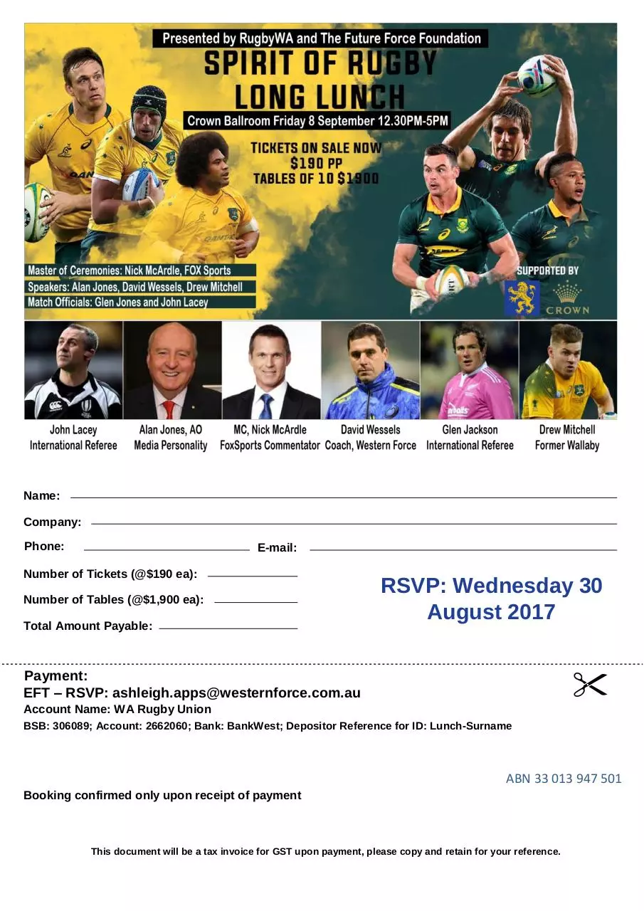 Page 1 of 1, LongLunch RWA BookingForm