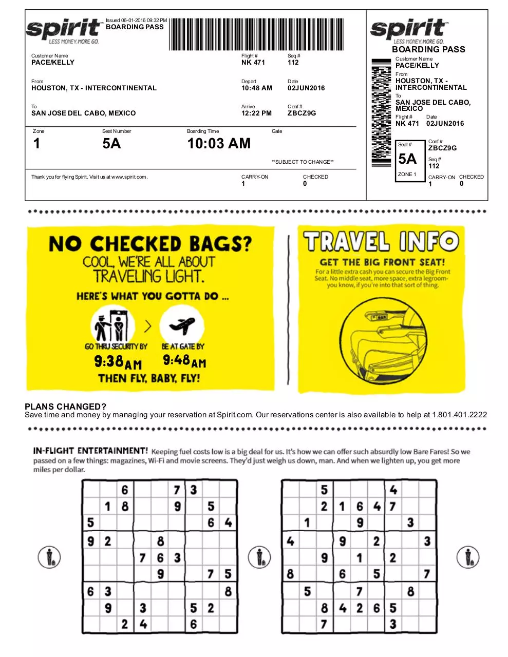 Page 1 of 1, Spirit Air Ticket